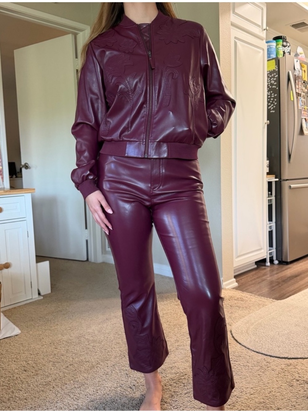 Johnny Was Melanie Vegan Leather Bomber Jacket Pants Set Oxblood Red Size Small